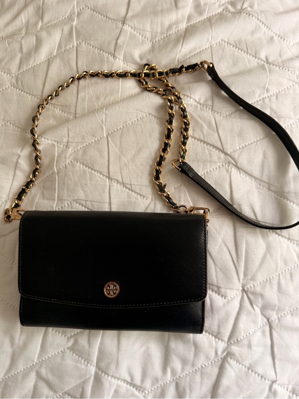 Tory Burch Black Leather Crossbody with Gold Chain Strap